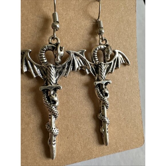 Dragon Sword Silver Tone Gothic Dangle Pierced Earrings 2.5” - Picture 3 of 12